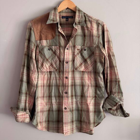 Ralph Lauren Plaid Flannel Button Down Shirt Suede Shoulder Tan Green Size 10 - Picture 1 of 5